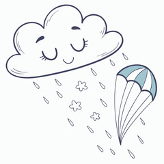 Happy cloud raining on a parachute drops