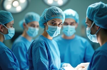 Medical team in blue surgical scrubs and face masks work together in operating room. Focused doctor looks at camera, conveying sense of teamwork and expertise in sterile healthcare environment.