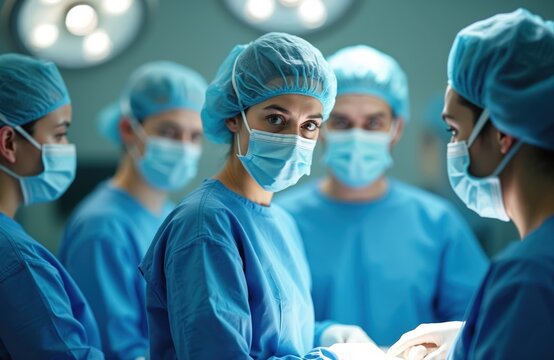Medical team in blue surgical scrubs and face masks work together in operating room. Focused doctor looks at camera, conveying sense of teamwork and expertise in sterile healthcare environment.