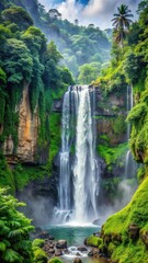 Naklejka premium Majestic waterfall cascading down rocky cliffs in lush tropical surroundings
