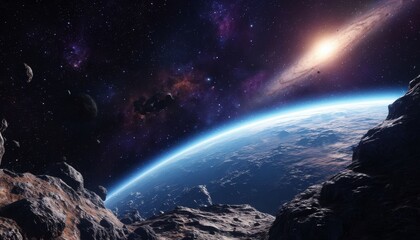 An awe-inspiring view of the Earth surrounded by a starry cosmos, with asteroids in the foreground and a distant galaxy illuminating the scene, captured in stunning 3D and 4K resolution.