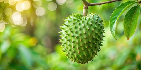 Mature green soursop fruit hanging from a tree branch