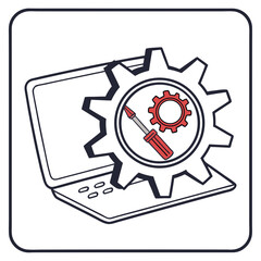 Laptop with gear and screwdriver repair computer cogwheel