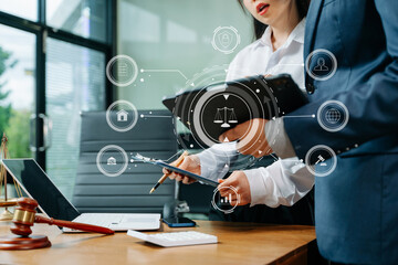 Modern legal tech consultation concept with smartphone interface, gavel and scales icons overlay, highlighting digital law, finance