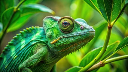 Obraz premium A green chameleon's remarkable skin blending with the foliage of a tropical tree