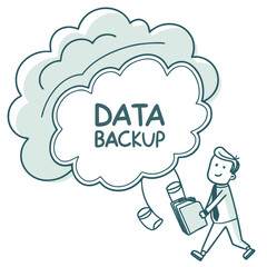 Man carrying documents to cloud for data backup businessman briefcase