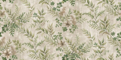 Distant forest foliage intertwined with delicate floral motifs in a subtle camouflage pattern on a neutral-toned fabric background