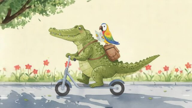 Smiling Crocodile and Parrot Riding Scooter on Watercolor Flower-Lined City Street