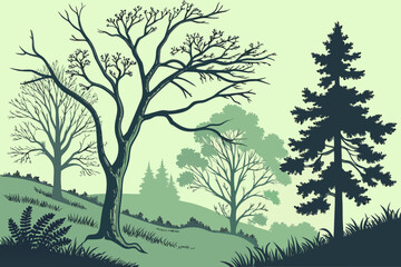 Obraz premium Stylized illustration of a natural landscape with a variety of trees, including deciduous and evergreen, showcasing different seasons and foliage, suitable for environmental themes.