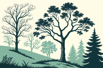 Stylized illustration of a natural landscape with a variety of trees, including deciduous and evergreen, showcasing different seasons and foliage, suitable for environmental themes.