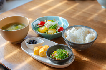Traditional Japanese Breakfast with Miso Soup and Natto / 納豆と味噌汁の和朝食
