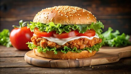 Crunchy fried chicken breast on a sesame seed bun with lettuce tomato onion and mayo