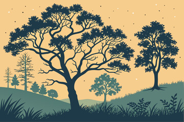 Stylized illustration of a natural landscape with a variety of trees, including deciduous and evergreen, showcasing different seasons and foliage, suitable for environmental themes.