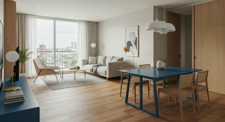 Fototapeta premium Modern apartment with open-plan living and dining area, featuring hardwood floors, large windows, and a city view