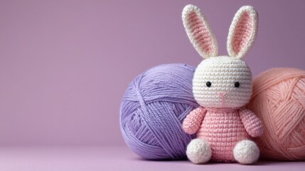 Cute crochet bunny next to colorful yarn balls on a pastel background in a crafting setting