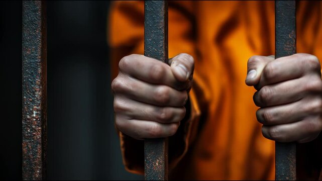 Exhausted hands cling to rusty prison bars. The prisoner is dressed in orange prison clothes.
