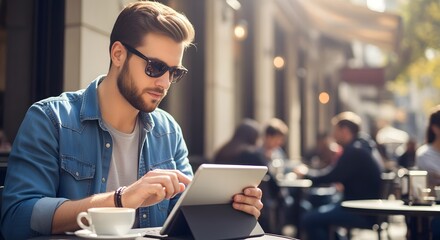 Stylish Man Using Tablet at Cafe with Coffee in Golden Light