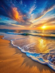 Serene ocean waves caress sandy shore at sunset