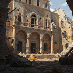 Abandoned building with damaged architecture and graffiti