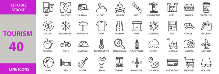 Tourism icons set. Containing Vector pictograms of travel, tourism, vacation, holiday, tour, trip, adventure, explore, destination, journey, suitcase, map, airplane, hotel, beach and more.