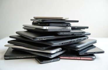 Pile of used electronic devices including laptops, tablets, smartphones stacked on white desk. Represents e-waste for recycling, reuse, upcycling initiatives. Focuses on technology donation,