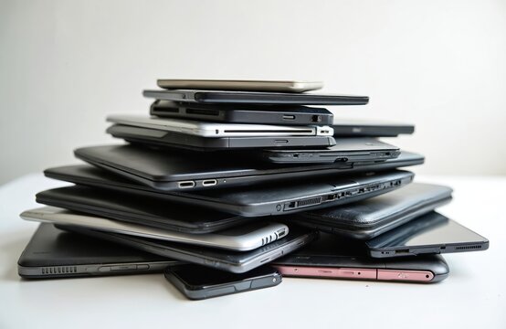 Pile of used electronic devices including laptops, tablets, smartphones stacked on white desk. Represents e-waste for recycling, reuse, upcycling initiatives. Focuses on technology donation,