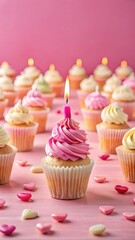 A single cupcake with a lit candle on a pink background