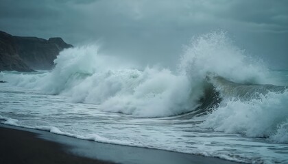 Powerful ocean waves crash onto a dark sandy beach under a stormy, cloudy sky. The turbulent, frothy sea creates white foam and spray, showcasing nature raw, untamed force and dynamic energy.