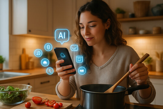 Woman cooking in kitchen using smartphone with ai interface and glowing icons