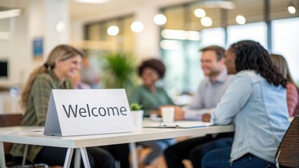 Defocused office scene showing inclusive group meeting with printed welcome signage