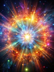 Explosion of colorful stars and gas in a massive supernova explosion on a dark black background with light rays radiating outward