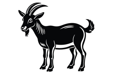 The striking black goat with elegant curved horns stands boldly in clear monochrome