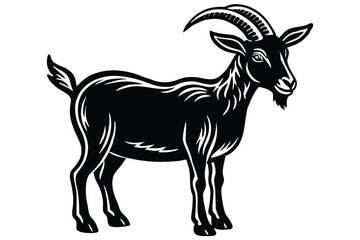 Majestic stylized goat with curved horns stands regally, a bold silhouette against stark white
