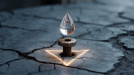 Water Drop on Bolt: A single, glistening water drop precariously balances atop a rusty bolt embedded in cracked earth, illuminated by a soft, glowing triangle.