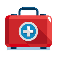 Obraz premium Red medical kit with blue cross symbol first aid kit medical bag