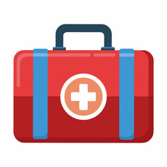 Red medical bag with blue straps and white cross first aid kit