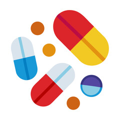Red yellow blue white and orange pills medicine health