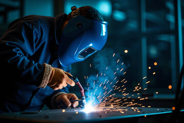 Fototapeta premium Close-up of industrial welder at work creating bright electric sparks while fusing metal in a modern fabrication workshop with protective gear, cinematic lighting, and intense manual precision