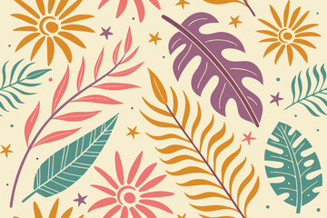 Seamless Pattern of Colorful Tropical Leaves and Flowers with a Retro Aesthetic on a Cream Background for Textile Designs
