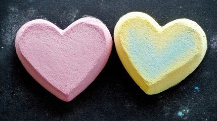 Obraz premium Colorful Heart-Shaped Chalk Pieces on a Black Surface