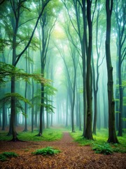 Naklejka premium Misty forest landscape with dense trees and foggy atmosphere