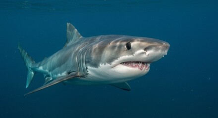 Fototapeta premium Great white shark in deep blue ocean