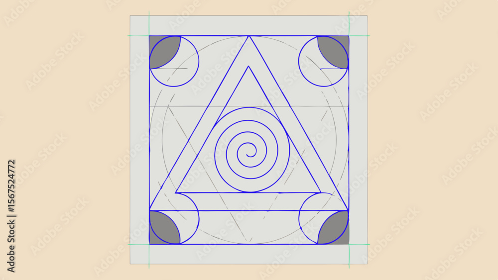 Poster geometric design with triangle spiral circles and arcs within a square frame