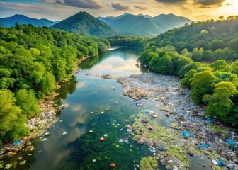 Aerial view of a polluted lake with plastic waste and trash floating on its surface