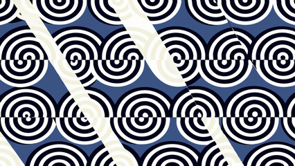 Fototapeta premium Abstract geometric pattern with swirling circles and diagonal cream stripes