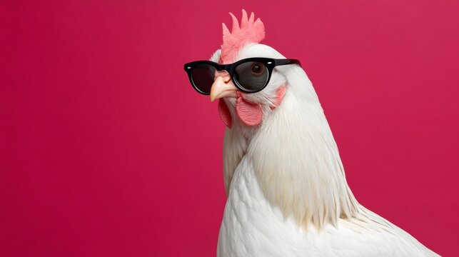 Chicken wearing sunglasses and standing on a pink background. The chicken is wearing sunglasses and he is posing for a photo