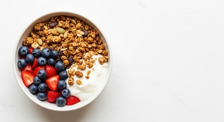 A bowl of granola with yogurt strawberries and blueberries on a white surface top down view image