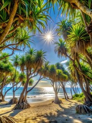Obraz premium Dense foliage of Pandanus trees growing in a tropical island beach on Srakung Beach with sunlight filtering through leaves