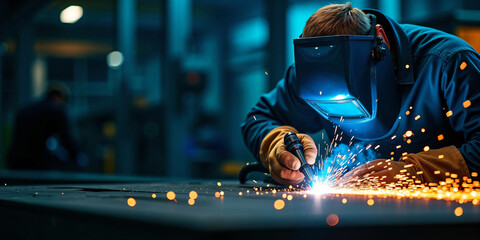 Close-up of industrial welder at work creating bright electric sparks while fusing metal in a modern fabrication workshop with protective gear, cinematic lighting, and intense manual precision
