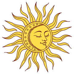 Stylized sun face with closed eyes and radiating rays yellow
